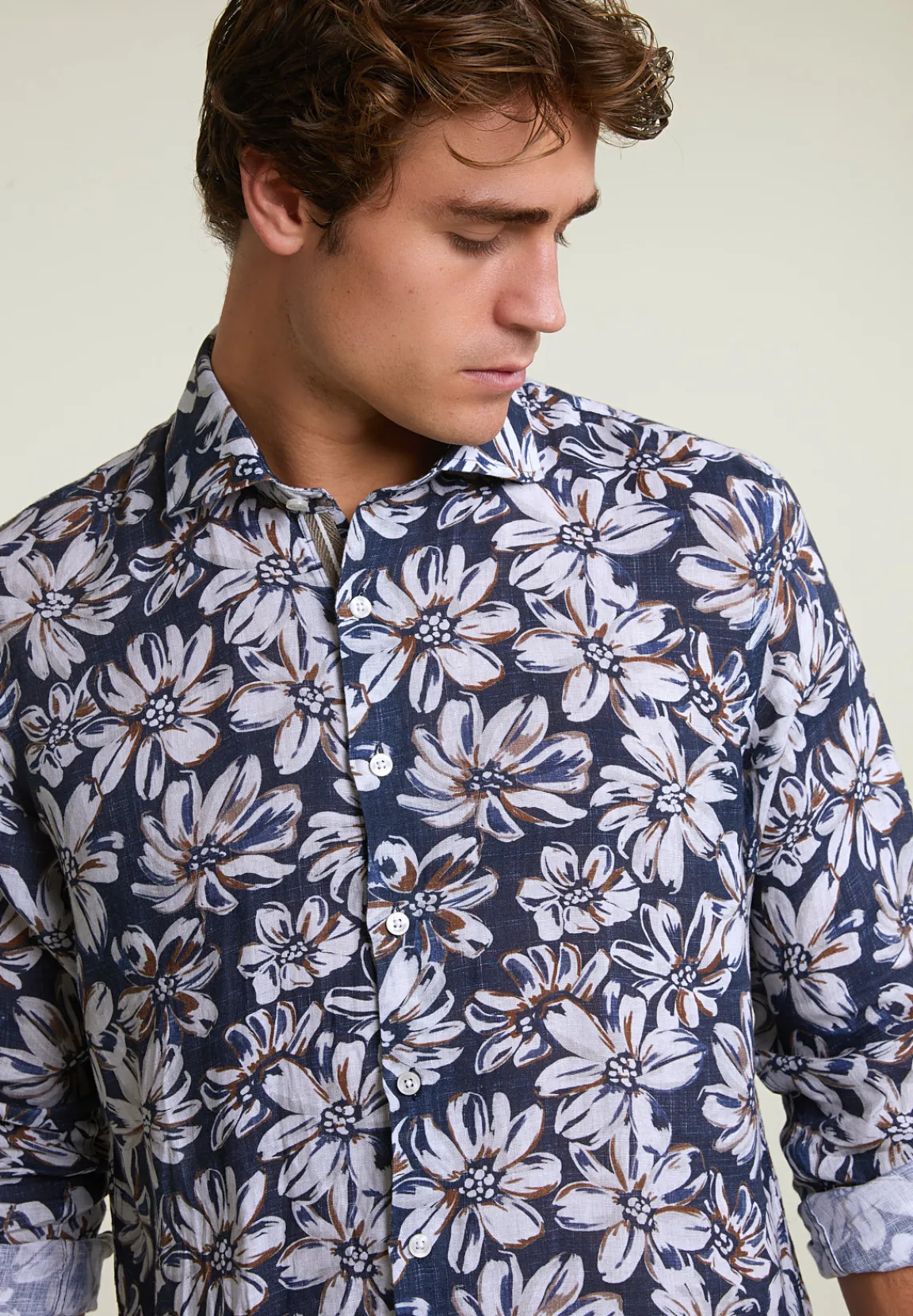 Hot River Woods Custom fit linnen gebloemd hemd bruin/blauw -