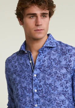 Hot River Woods Custom fit linnen gebloemd hemd blauw -