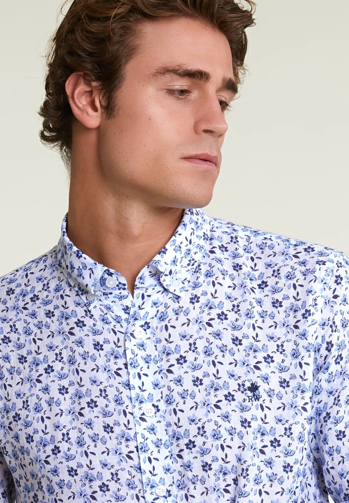 Fashion River Woods Custom fit linnen gebloemd hemd blauw/wit -