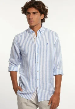 New River Woods Custom fit linnen gestreept hemd blauw/wit -