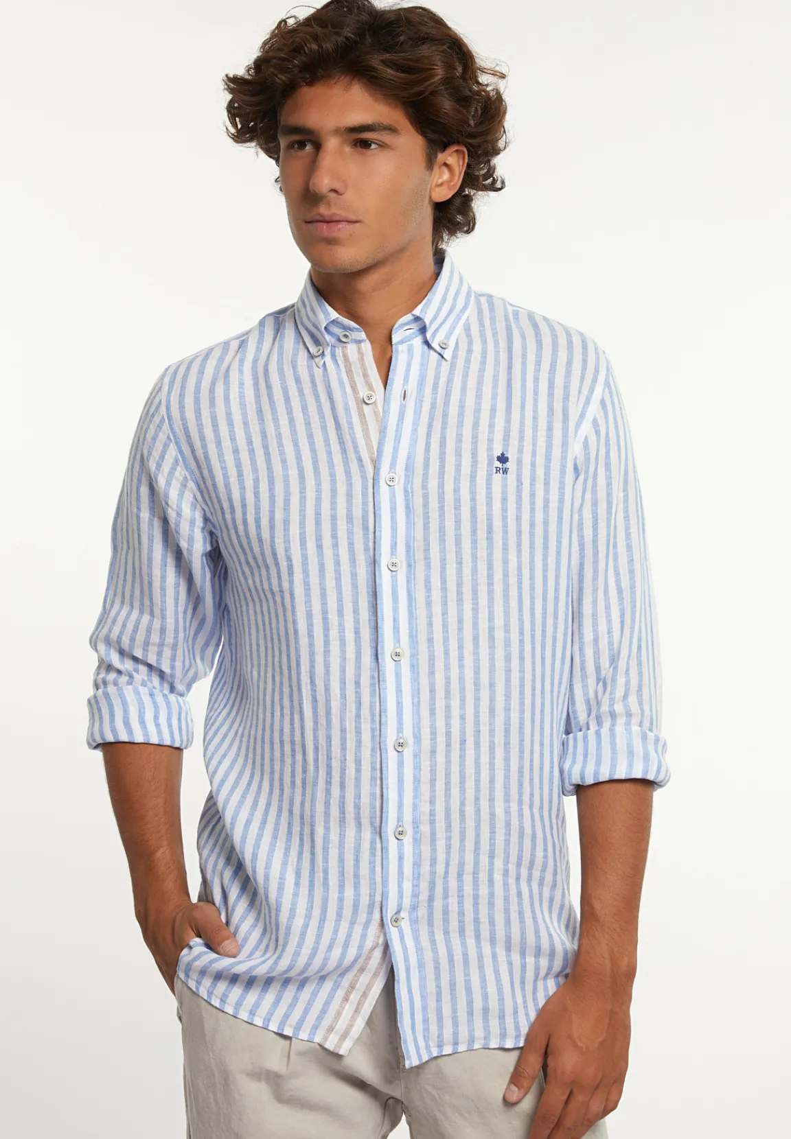 New River Woods Custom fit linnen gestreept hemd blauw/wit -