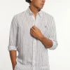 Discount River Woods Custom fit linnen gestreept hemd bruin/wit -