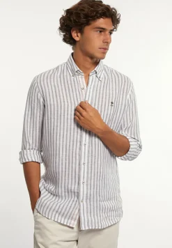 Discount River Woods Custom fit linnen gestreept hemd bruin/wit -