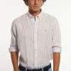 Best River Woods Custom fit linnen gestreept hemd beige/wit -