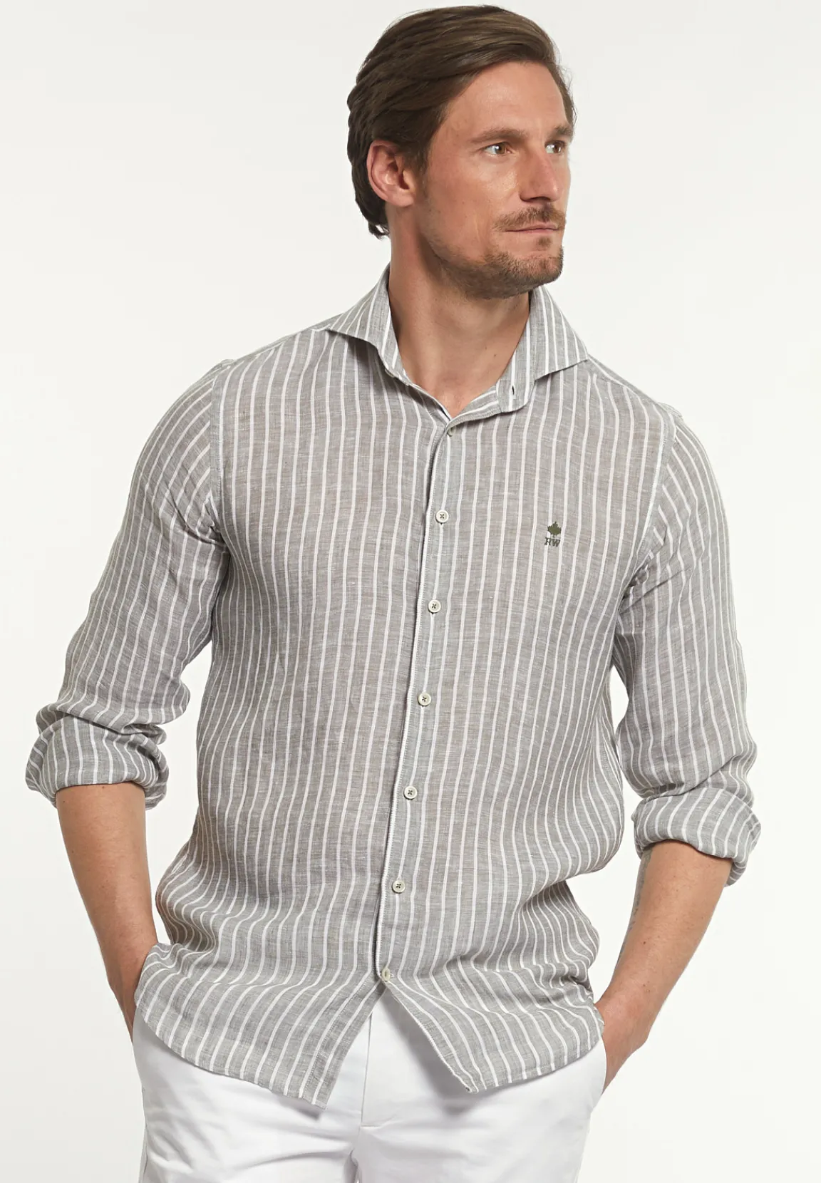 Hot River Woods Custom fit linnen gestreept hemd bruin/wit -