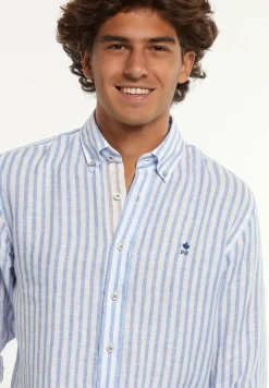New River Woods Custom fit linnen gestreept hemd blauw/wit -