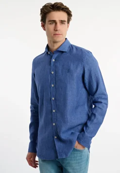 Discount River Woods Custom fit linnen hemd blauw -