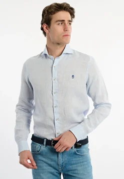 Outlet River Woods Custom fit linnen hemd blauw -