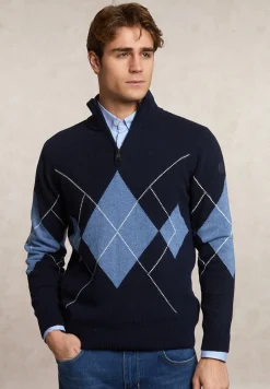 Discount River Woods Custom fit wol-kasjmier argyle trui halve rits navy/night sky mix -