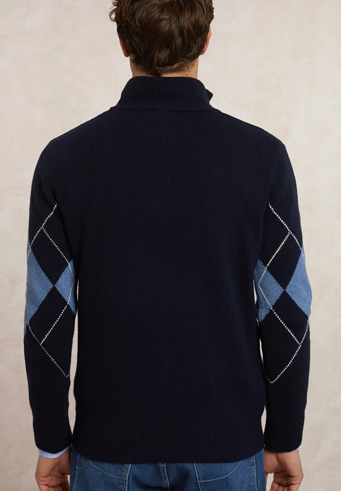 Discount River Woods Custom fit wol-kasjmier argyle trui halve rits navy/night sky mix -