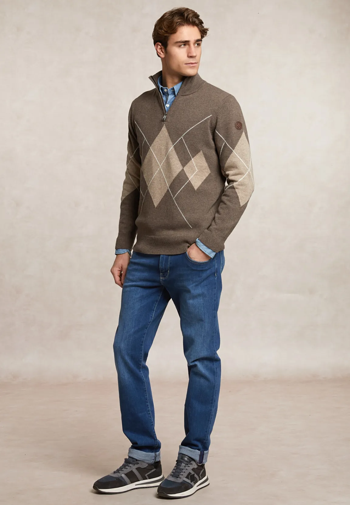 Hot River Woods Custom fit wol-kasjmier argyle trui halve rits hazel mix -