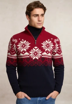 Fashion River Woods Custom fit wollen fantasietrui halve rits blauw/rood -
