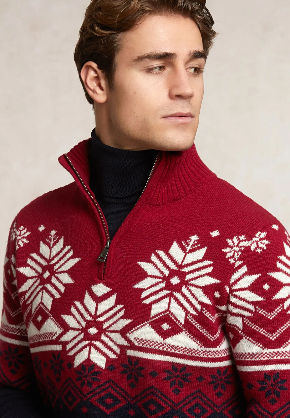 Fashion River Woods Custom fit wollen fantasietrui halve rits blauw/rood -