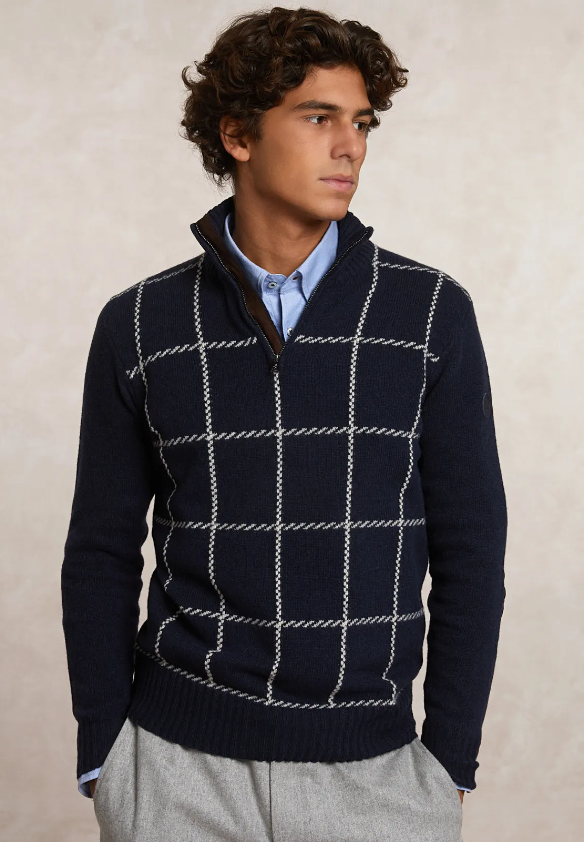 Clearance River Woods Custom fit zuivere scheerwol geruite trui opstaande kraag moonlight mix -