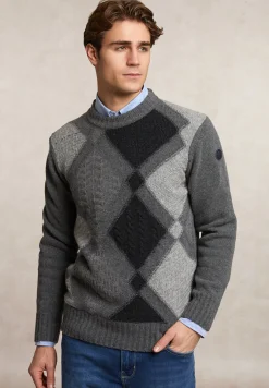 Sale River Woods Custom fit zuivere scheerwol geruite trui ronde hals dk grey mix -