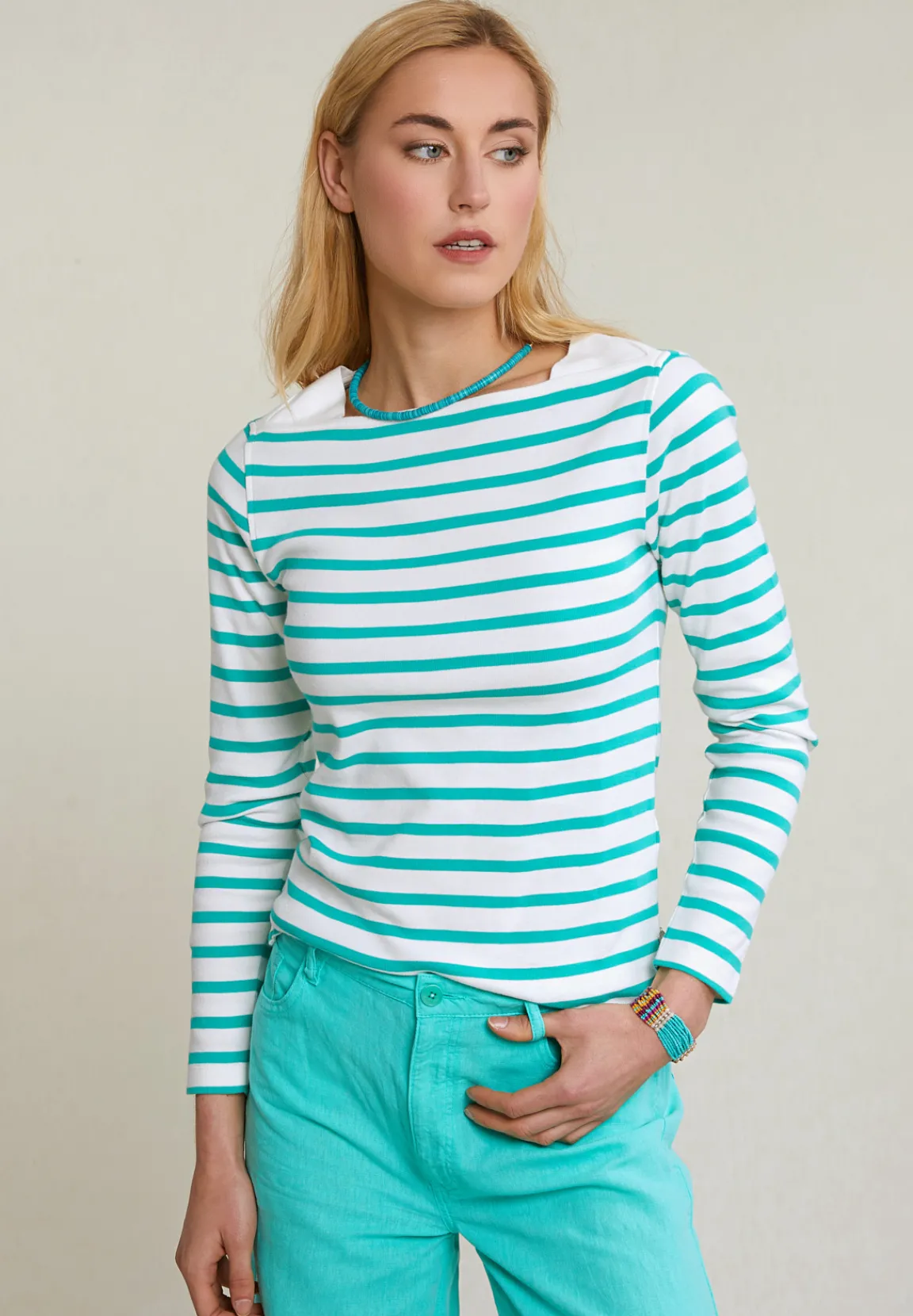 Fashion River Woods Ecru/groen gestreepte T-shirt lange mouwen -