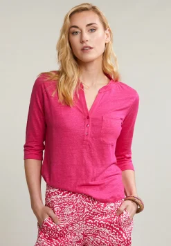 Hot River Woods Fuchsia linnen V-hals T-shirt met zak -