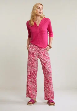 Hot River Woods Fuchsia linnen V-hals T-shirt met zak -