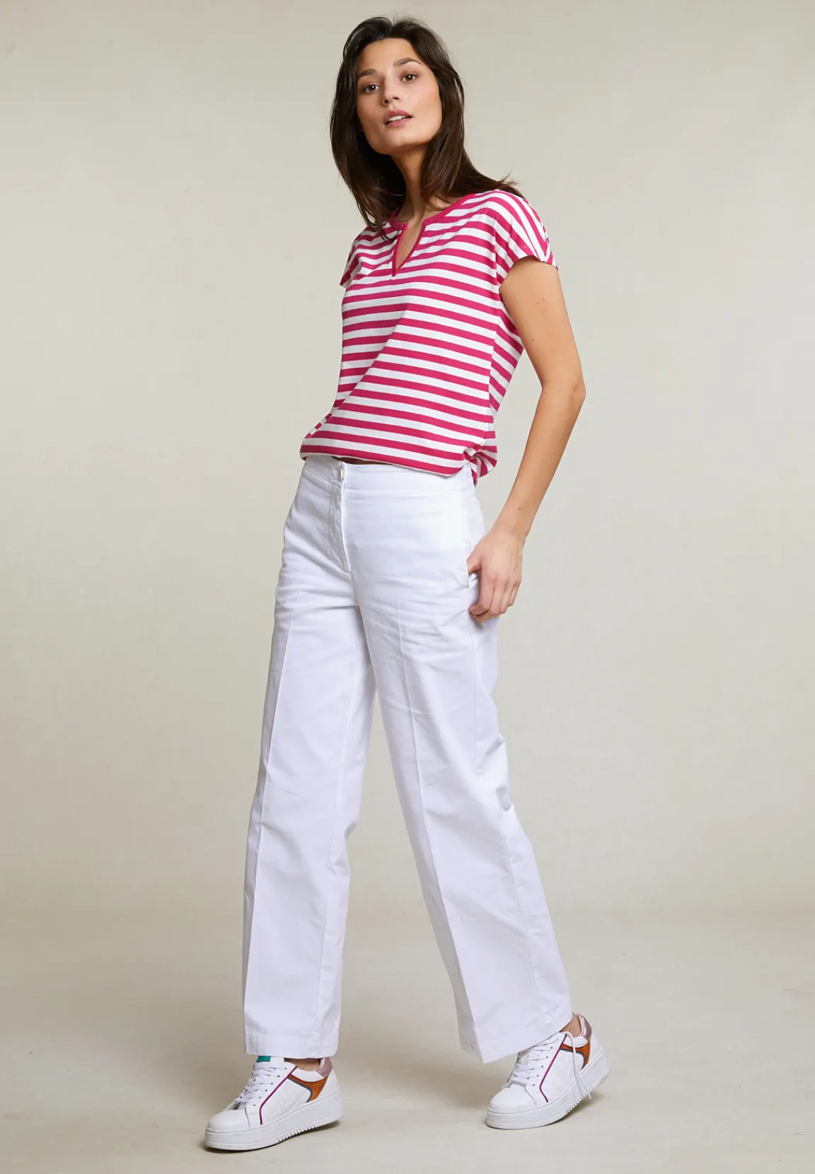 Clearance River Woods Fuchsia/wit gestreepte V-hals T-shirt -