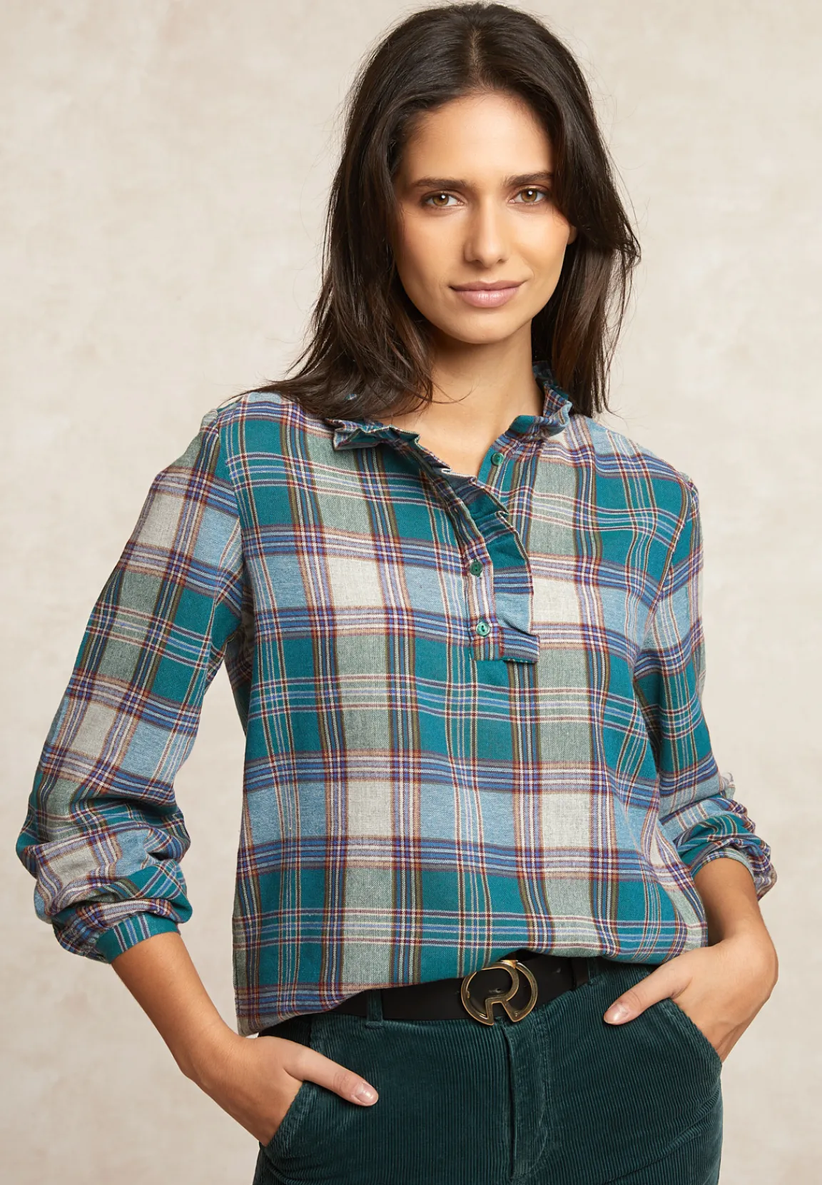 Fashion River Woods Geruite blouse pofmouwen -