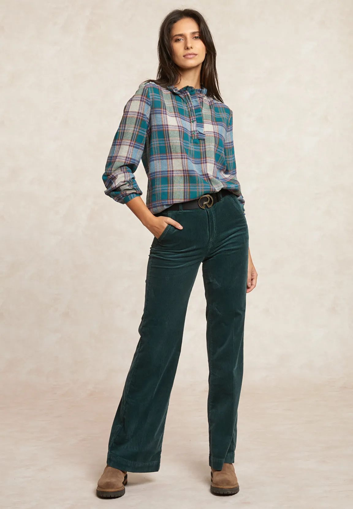Fashion River Woods Geruite blouse pofmouwen -