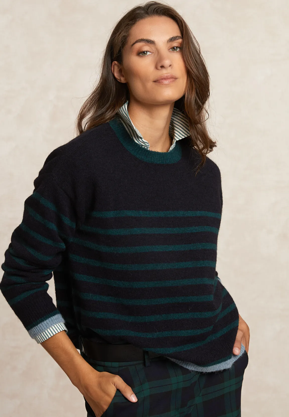 Discount River Woods Gestreepte alpaca-wol trui ronde hals navy/groen -