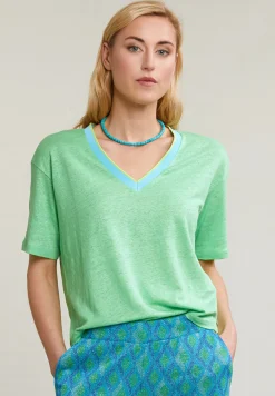 Best River Woods Groene linnen V-hals T-shirt korte mouwen -