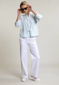 Fashion River Woods Groen/wit gestreepte geknoopte blouse elleboogmouwen -