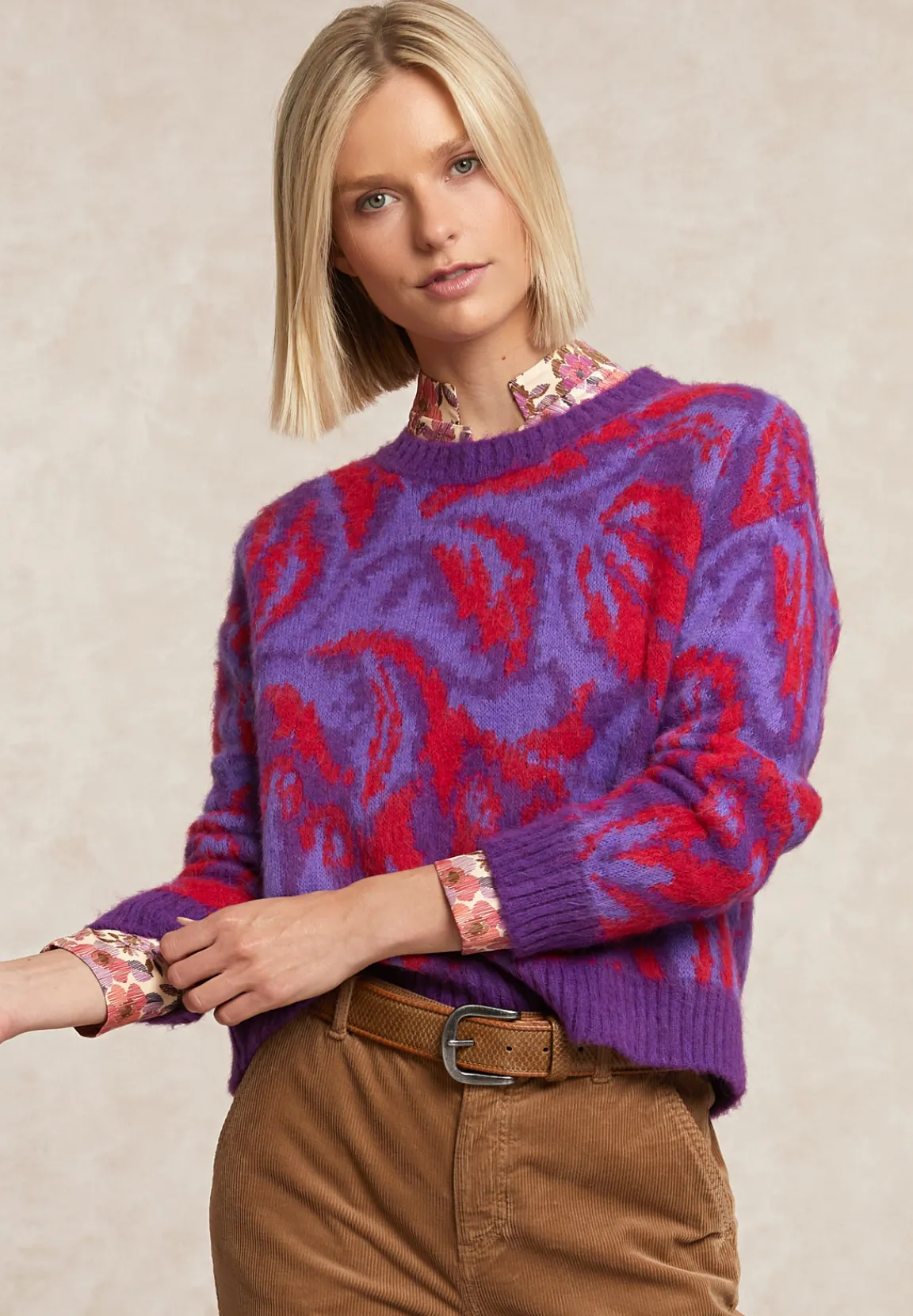 Fashion River Woods Jacquard trui ronde hals paars/rood -