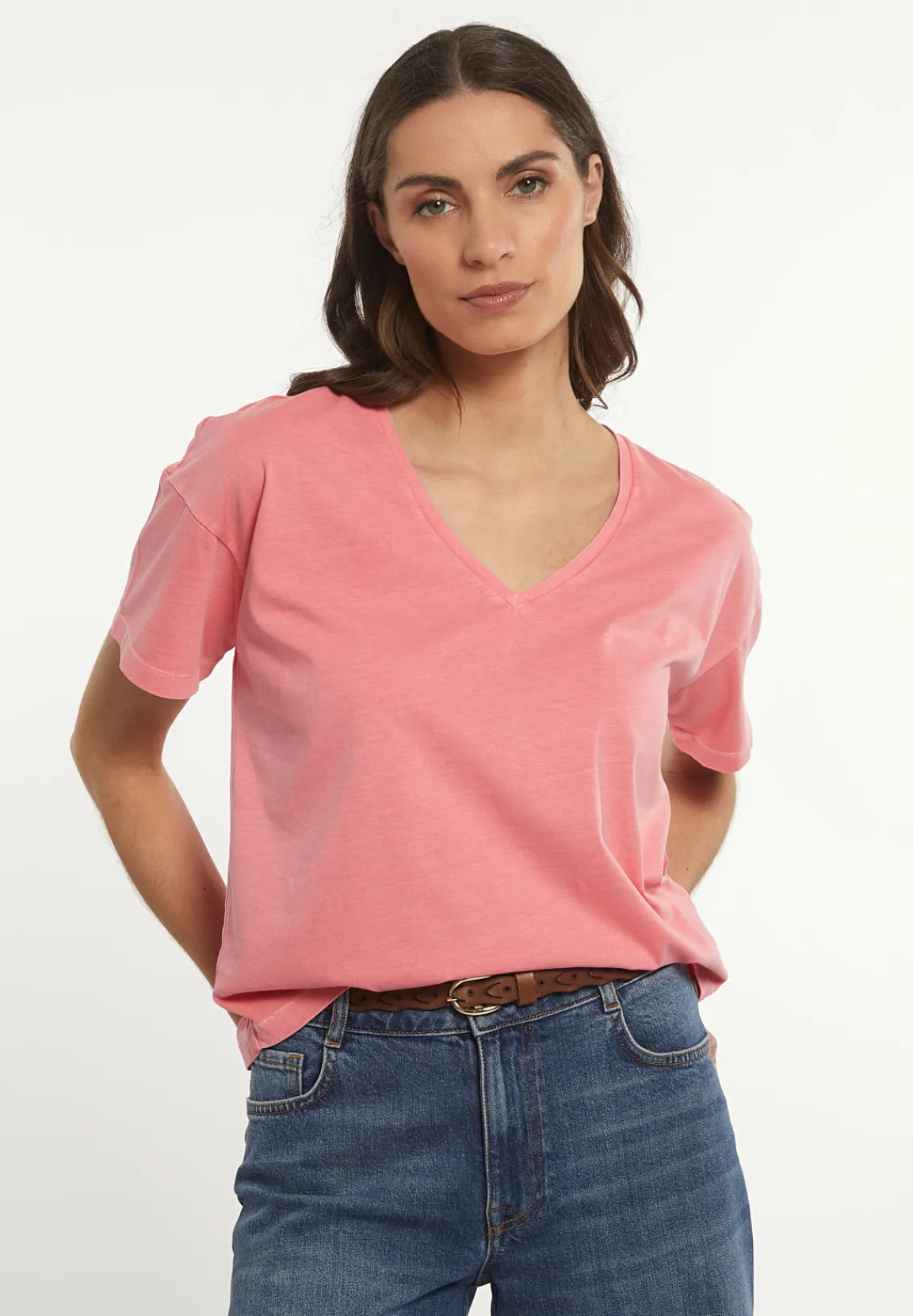 Fashion River Woods Katoenen basic wijde V-hals T-shirt roze -