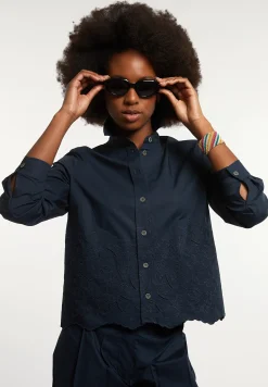 Hot River Woods Katoenen boxy geborduurde blouse navy -