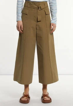 Hot River Woods Katoenen broek wijde pijpen met riem kaki -