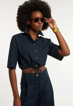 Clearance River Woods Katoenen cropped blouse korte mouwen navy -