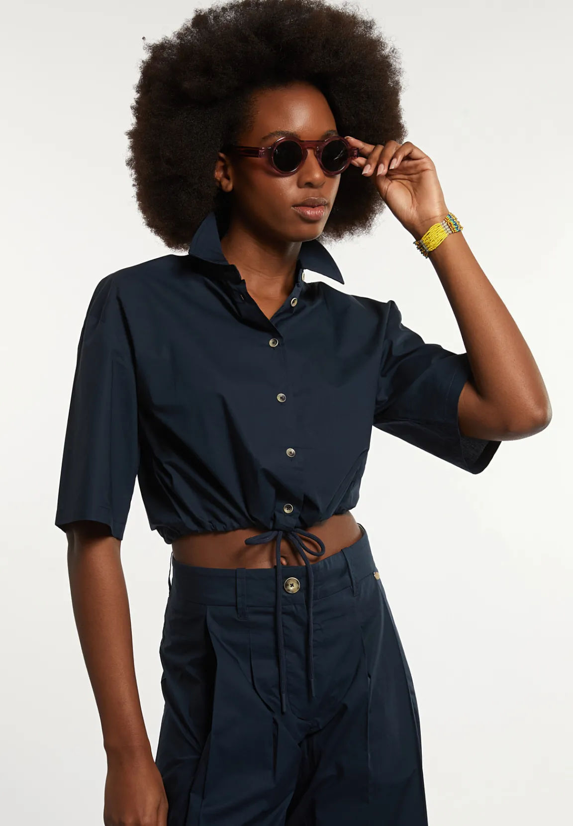 Clearance River Woods Katoenen cropped blouse korte mouwen navy -