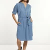 Discount River Woods Katoenen denim V-hals jurk elleboogmouwen blauw -