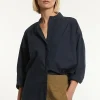 Best River Woods Katoenen effen oversized V-hals blouse navy -