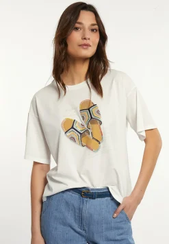Hot River Woods Katoenen fantasie T-shirt ronde hals korte mouwen écru -