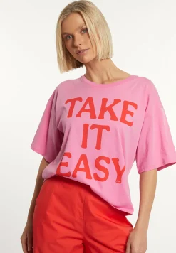 Discount River Woods Katoenen fantasie T-shirt ronde hals korte mouwen roze -