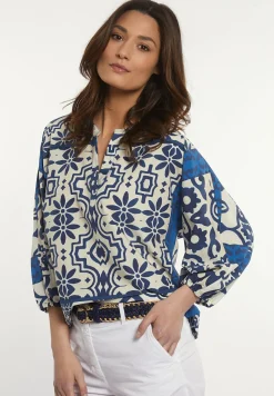 Discount River Woods Katoenen fantasie V-hals blouse 3/4 mouwen écru/blauw -