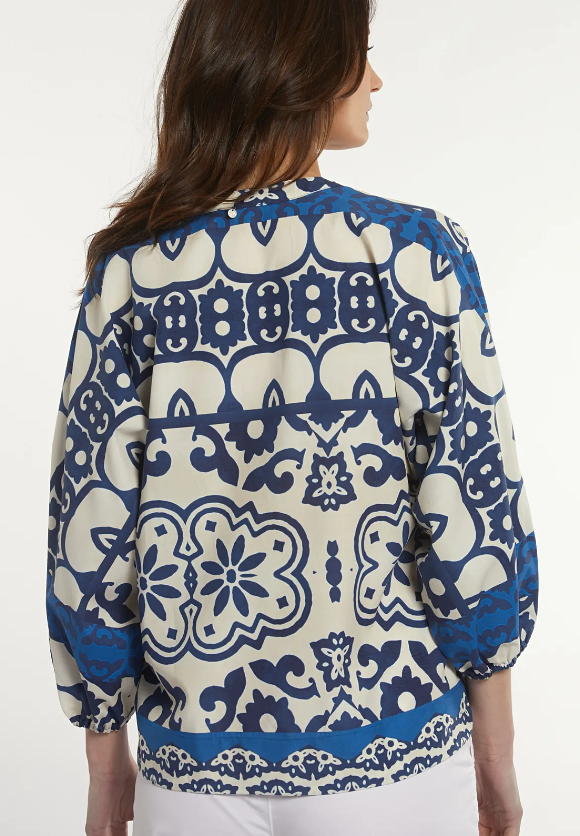 Discount River Woods Katoenen fantasie V-hals blouse 3/4 mouwen écru/blauw -