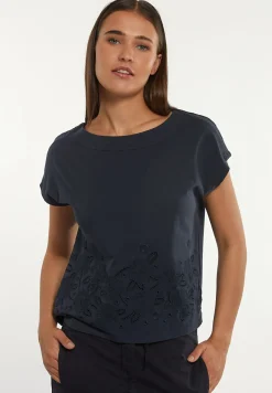 Outlet River Woods Katoenen geborduurde T-shirt boothals navy -