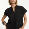 Best River Woods Katoenen geborduurde V-hals blouse korte mouwen zwart -