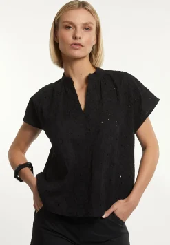 Best River Woods Katoenen geborduurde V-hals blouse korte mouwen zwart -