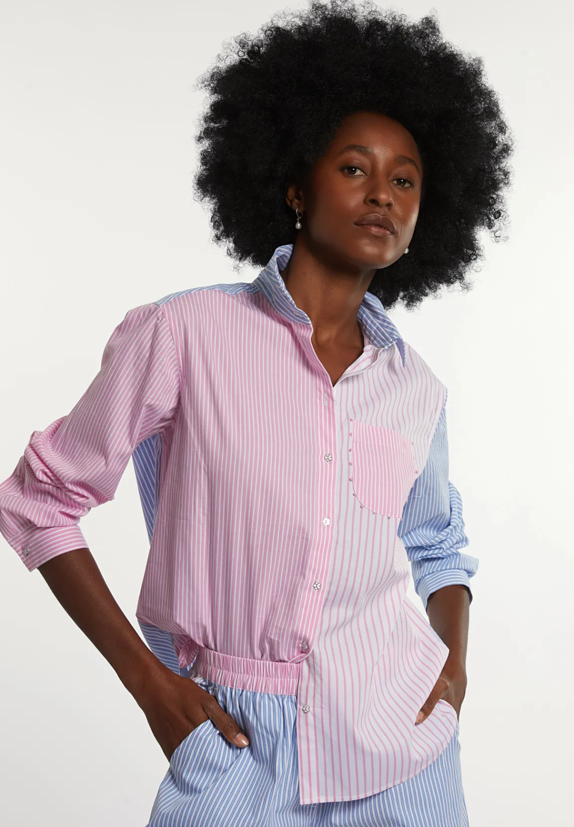 Best River Woods Katoenen gestreepte blouse borstzak blauw/roze -