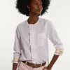 Hot River Woods Katoenen gestreepte blouse met ruches roze/wit -