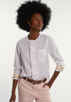 Hot River Woods Katoenen gestreepte blouse met ruches roze/wit -