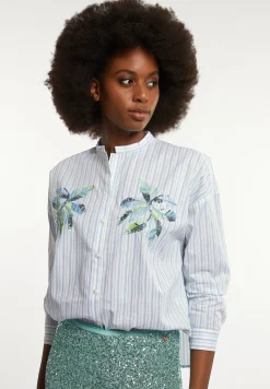 New River Woods Katoenen gestreepte fantasieblouse groen/wit -