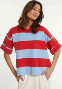 Outlet River Woods Katoenen gestreepte fleecetrui ronde hals 1/2 mouw rood/blauw -