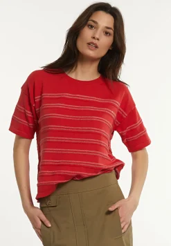 Clearance River Woods Katoenen gestreepte glittertrui korte mouwen rood -