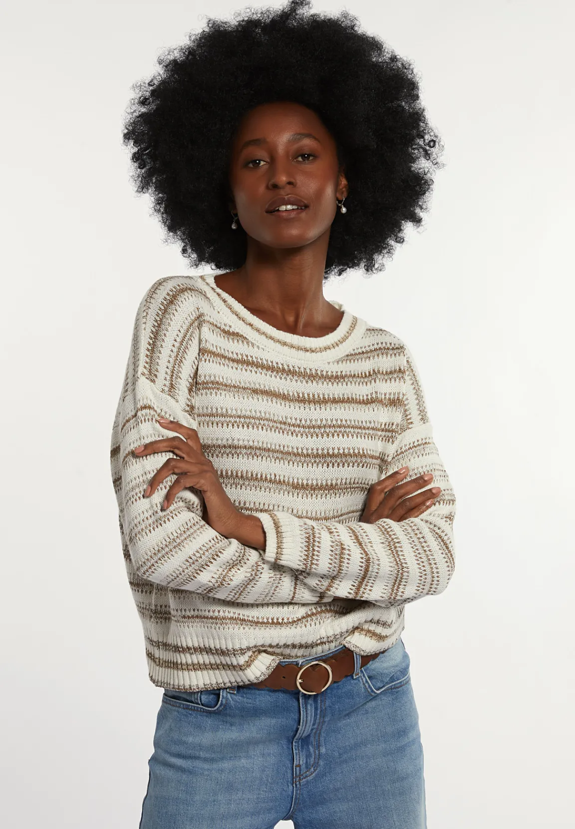 Clearance River Woods Katoenen gestreepte trui ronde hals beige/wit -